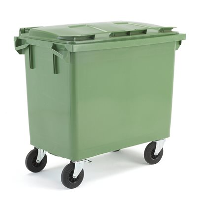 Atkritumu konteiners, zaļš, 660 litri, no HDPE plastmasas, atbilst AFNOR EN-840 standartiem