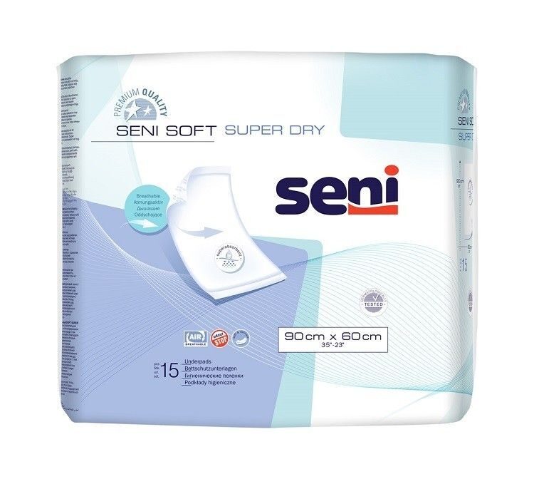 SENI SOFT SUPER DRY absorbējošie paladziņi ar super absorbentu (nodrošina īpaši ātru mitruma uzsūkšanu un nepatīkamā aromāta neitralizēšanu), izmērs 90×60 cm, 15 gab.
