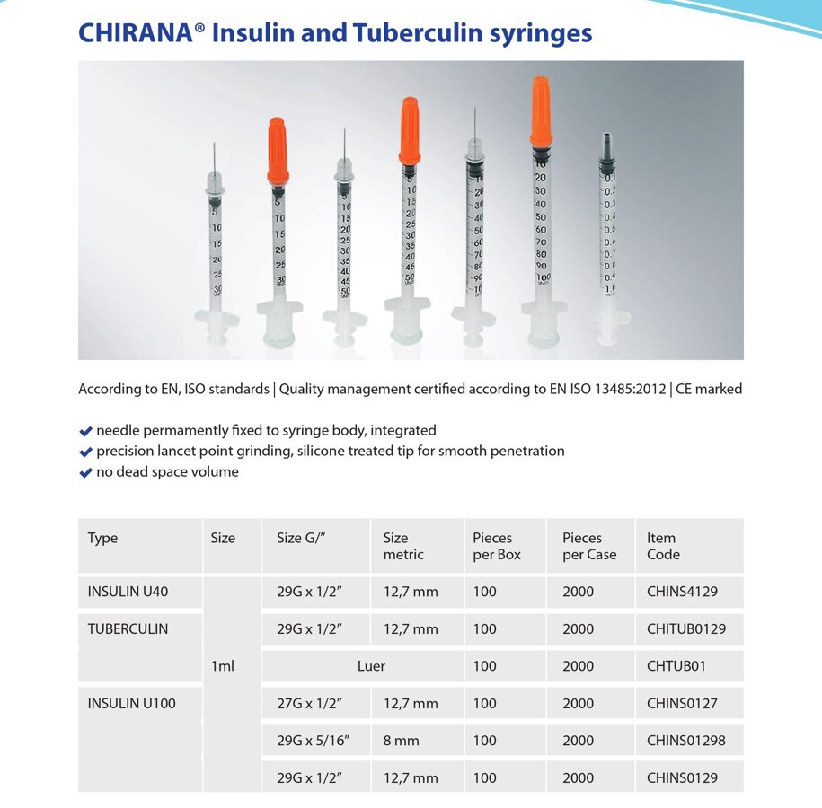 Šļirce insulīna CHIRANA, 0,5ml ar integrētu adatu 29G, 100 gab. / Insulin syringes