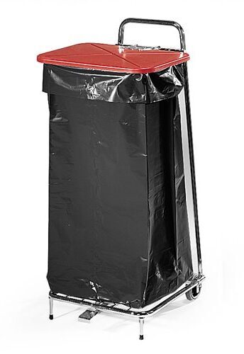 Tērauda statīvs atkritumu maisiem ar plastmasas vāku, 125 litri, aprīkots ar pedāli, vāku var atvērt bez roku palīdzības