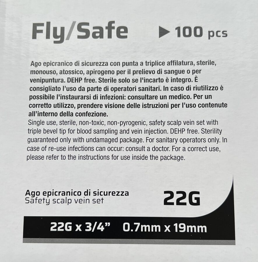 Tauriņveida katetrs Fly/Safe 22G (0,7x19mm) S-SVS22GD ar aizsargmehānismu, 100 gab.
