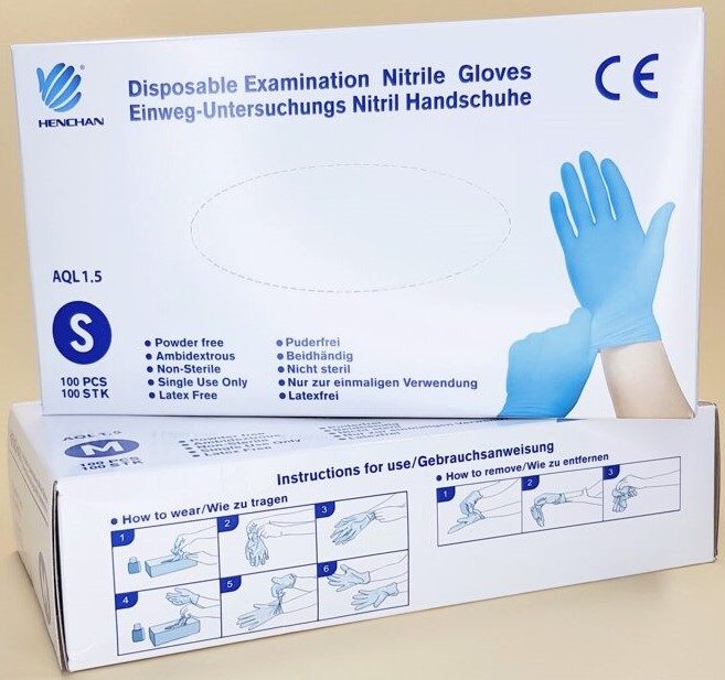 NOLIKTAVĀ! Sertificēti medicīniskie augstas kvalitātes nepūderēti NITRILA gumijas cimdi HENCHAN, 100 gab., zili, S, M, L vai XL izmērs/Disposable nitrile gloves