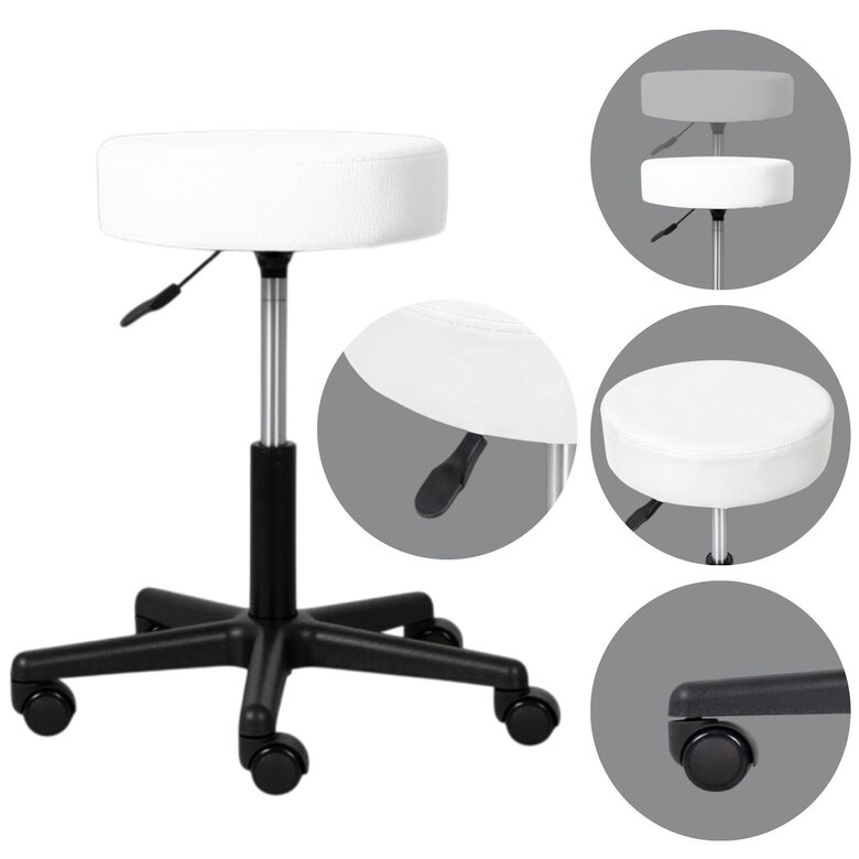 Mobils grozāms krēsls. Sēdekļa diametrs: 34,5 cm. Augstums (regulējams): 45–59 cm. Krāsa: balta. Maksimālā slodze: 150 kg