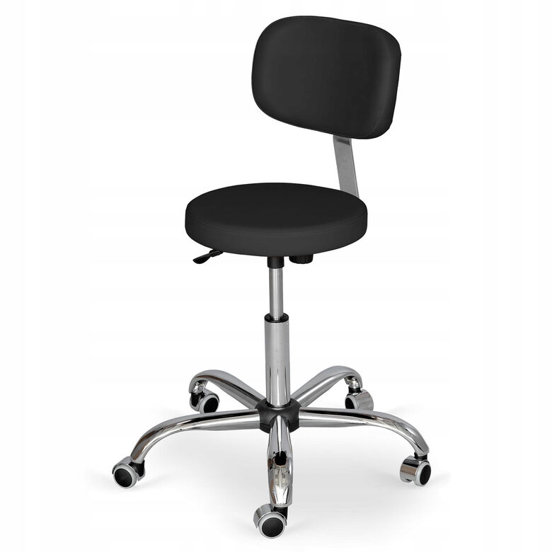 Augstākās kvalitātes profesionāls krēsls, taburete ar atzveltni. Vinyl Flex sēdekļa apdare. Sēdekļa diametrs: 34 cm. Augstums (regulējams): 48–60 cm. Krāsa: melna. Maksimālā slodze: 120 kg