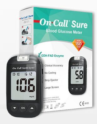 On Call Sure glikometrs cukura līmeņa noteikšanai kapilārajās asinīs + 10 teststrēmeles, lancetēšanas ierīce, 10 lancetes, somiņa pārnēsāšanai. Bluetooth aplikācija