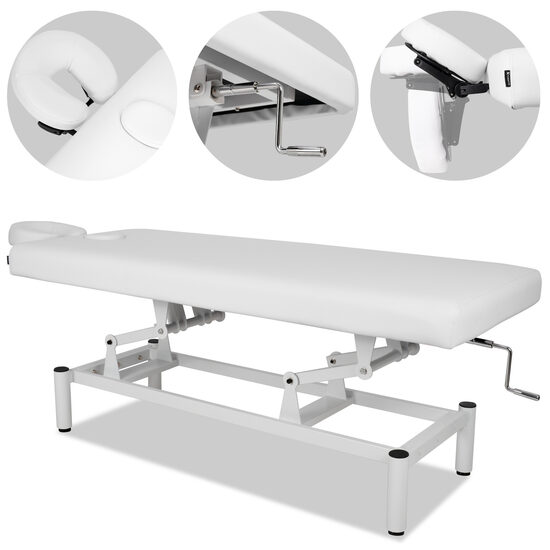 Ārstniecības un terapijas galds ar manuālu augstuma regulēšanu. Balts. Kušetes platums: 75 cm. Maksimālā pieļaujamā slodze: 200 kg. Medicīnas ierīču regula (MDR) 2017/745/ES