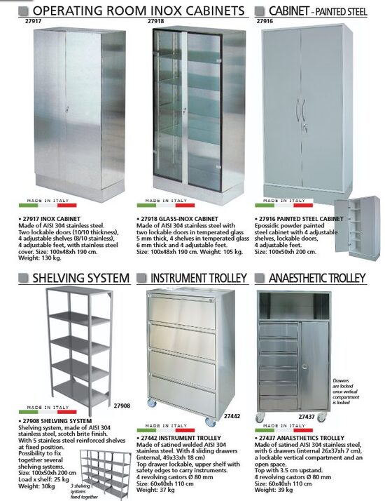 OPERATING ROOM INOX CABINETS. CABINET - PAINTED STEEL. SHELVING SYSTEM. INSTRUMENT TROLLEY. ANAESTHETIC TROLLEY. Cenas un pieejamība pēc pieprasījuma