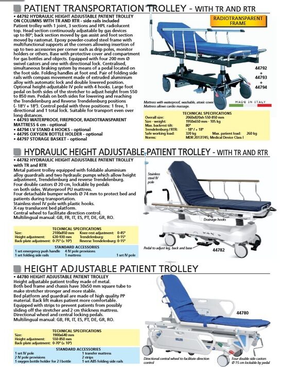 PATIENT TRANSPORTATION TROLLEY - WITH TR AND RTR. HYDRAULIC HEIGHT ADJUSTABLE PATIENT TROLLEY - WITH TR AND RTR. HEIGHT ADJUSTABLE PATIENT TROLLEY. Cenas un pieejamība pēc pieprasījuma