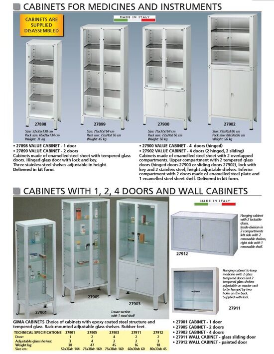 CABINETS FOR MEDICINES AND INSTRUMENTS. CABINETS WITH 1, 2, 4 DOORS AND WALL CABINETS. Cenas un pieejamība pēc pieprasījuma