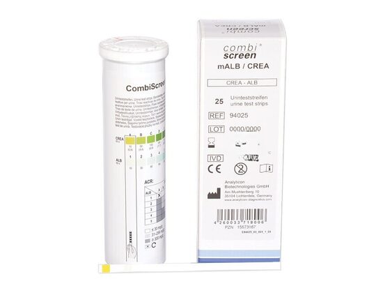 Testa strēmeles, urīna stripi, teststrēmeles COMBI SCREEN mALB/CREA, 25 gab.. Tips:  IVD — profesionālai lietošanai