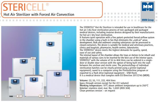 STERICELL® 22 ECO karstā gaisa sterilizators ar piespiedu gaisa konvekciju, 22 litri