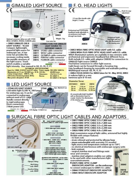 GIMALED LIGHT SOURCE. F. O. HEAD LIGHTS. LED LIGHT SOURCE. SURGICAL FIBRE OPTIC LIGHT CABLES AND ADAPTORS. Cenas un pieejamība pēc pieprasījuma