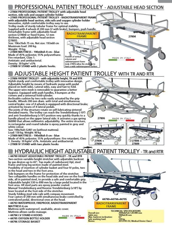 PROFESSIONAL PATIENT TROLLEY - ADJUSTABLE HEAD SECTION. ADJUSTABLE HEIGHT PATIENT TROLLEY WITH TR AND RTR. HYDRAULIC HEIGHT ADJUSTABLE PATIENT TROLLEY - TR and RTR. Cenas un pieejamība pēc pieprasījuma