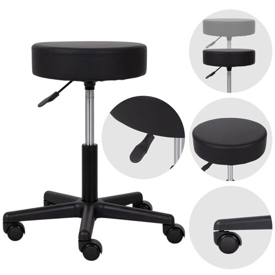 Mobils grozāms krēsls. Sēdekļa diametrs: 34,5 cm. Augstums (regulējams): 45–59 cm. Krāsa: melna. Maksimālā slodze: 150 kg