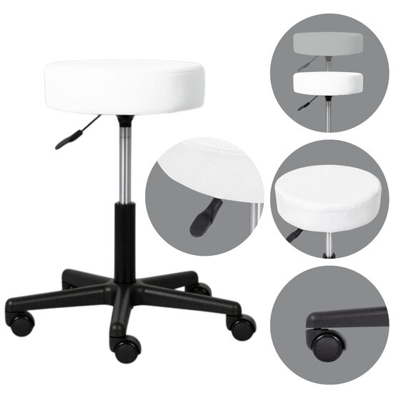 Mobils grozāms krēsls. Sēdekļa diametrs: 34,5 cm. Augstums (regulējams): 45–59 cm. Krāsa: balta. Maksimālā slodze: 150 kg