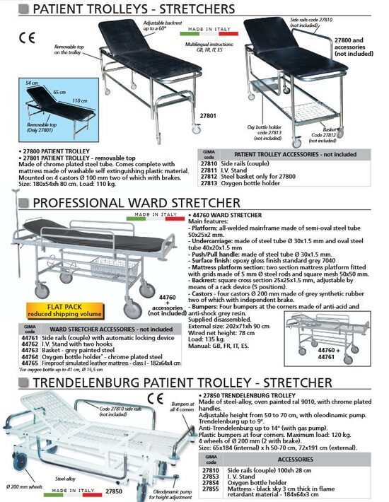 PATIENT TROLLEYS - STRETCHERS. PROFESSIONAL WARD STRETCHER. TRENDELENBURG PATIENT TROLLEY - STRETCHER. Cenas un pieejamība pēc pieprasījuma