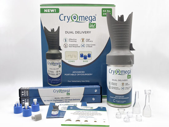 CryOmega® Vet divkāršās piegādes ierīce labdabīgu bojājumu krioķirurģiskai ārstēšanai. CRYOMEGA® VET DUAL DELIVERY CRYOSURGERY KIT