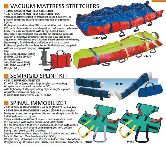 VACUUM MATTRESS STRETCHERS. SEMIRIGID SPLINT KIT. SPINAL IMMOBILIZER. Cenas un pieejamība pēc pieprasījuma
