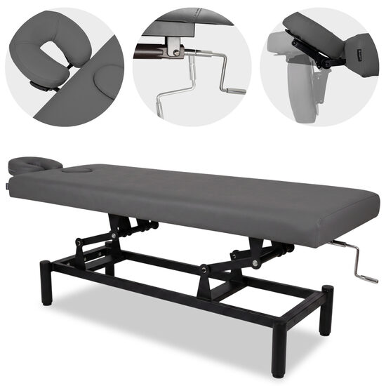 Ārstniecības un terapijas galds ar manuālu augstuma regulēšanu. Tumši pelēks. Kušetes platums: 75 cm. Maksimālā pieļaujamā slodze: 200 kg. Medicīnas ierīču regula (MDR) 2017/745/ES