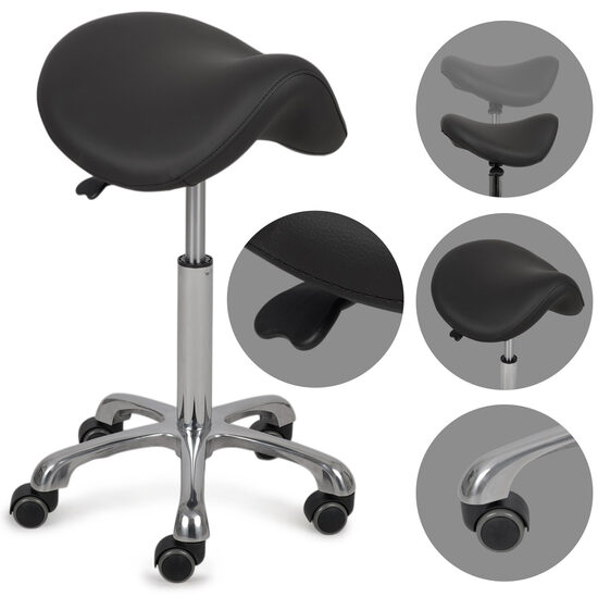 Ergonomisks grozāms krēsls ar profilētu sēdekli seglu formā. Sēdekļa diametrs: 40 cm. Augstums (regulējams): 55-75 cm. Maksimālā slodze: 120 kg