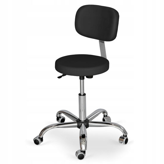 Augstākās kvalitātes profesionāls krēsls, taburete ar atzveltni. Vinyl Flex sēdekļa apdare. Sēdekļa diametrs: 34 cm. Augstums (regulējams): 48–60 cm. Krāsa: melna. Maksimālā slodze: 120 kg