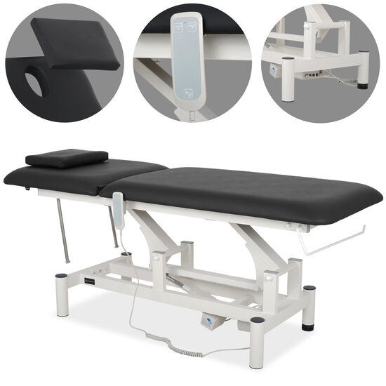 Ārstniecības un terapijas galds, kušete, ELEKTRISKI regulējams augstums ar rokas tālvadības pulti. Melnā krāsā. Maksimālā pieļaujamā slodze: 200 kg. Medicīnas ierīču regula (MDR) 2017/745/ES