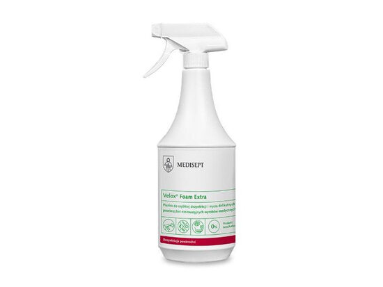 Medisept Velox Foam Extra virsmu dezinfekcijas putas. Piemērotas profesionālai lietošanai medicīnas un aprūpes vidē. Produkts aprīkots ar Duo uzgali, kas ļauj izvēlēties izsmidzināšanas vai putu režīmu. 1000 ml