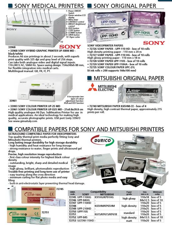 SONY MEDICAL PRINTERS. SONY ORIGINAL PAPER. MITSUBISHI ORIGINAL PAPER. COMPATIBLE PAPERS FOR SONY AND MITSUBISHI PRINTERS. Cenas un pieejamība pēc pieprasījuma