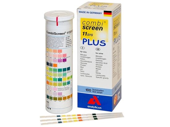 Testa strēmeles, urīna stripi, teststrēmeles COMBI SCREEN 11SYS PLUS (glikoze, askorbīnskābe, ketoni, olbaltumvielas, pH vērtība, asinis, nitrīti, leikocīti, specifiskā gravitācija, bilirubīns, urobilinogēns), 100 gab.