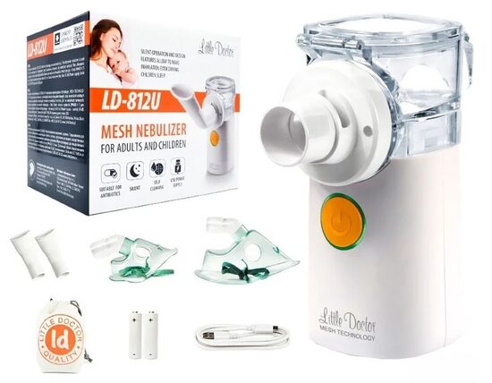 Ultraskaņas inhalators LD-812U. Komplektā ietilpst maskas bērniem un pieaugušajiem, iemutnis, baterijas un USB kabelis