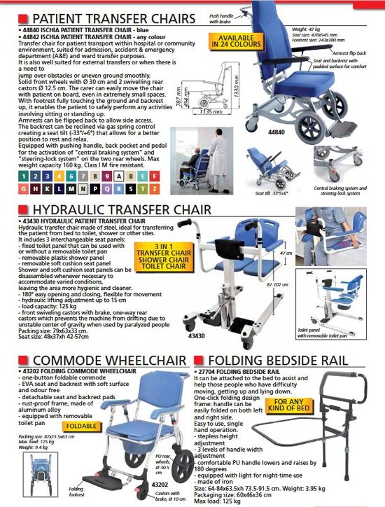 PATIENT TRANSFER CHAIRS. HYDRAULIC TRANSFER CHAIR. COMMODE WHEELCHAIR. FOLDING BEDSIDE RAIL. Cenas un pieejamība pēc pieprasījuma