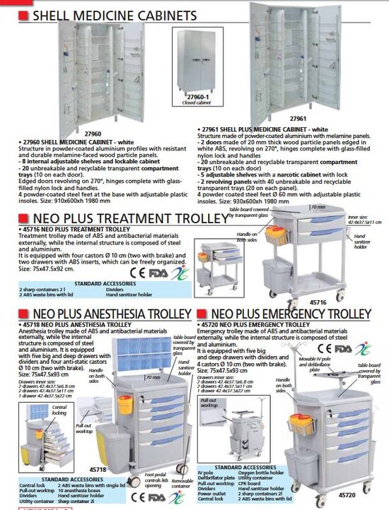 SHELL MEDICINE CABINETS. NEO PLUS TREATMENT TROLLEY. NEO PLUS ANESTHESIA TROLLEY. NEO PLUS EMERGENCY TROLLEY. Cenas un pieejamība pēc pieprasījuma 