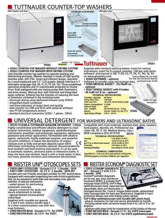 TUTTNAUER COUNTER-TOP WASHERS. UNIVERSAL DETERGENT FOR WASHERS AND ULTRASONIC BATHS. RIESTER UNI® OTOSCOPES SETS. RIESTER ECONOM® DIAGNOSTIC SET. Cenas un pieejamība pēc pieprasījuma