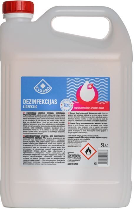 Dezinfekcijas līdzeklis Kvadro, rokām un virsmām, dezinficējoši aktīvās vielas: etilspirts 70%, 5 litri