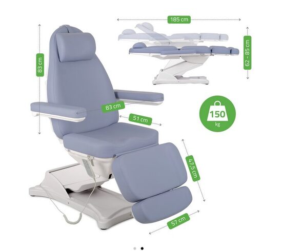 Ārstniecības krēsls. Premium klase. ELEKTRISKS. Paredzēts intensīvai lietošanai. Gaiši violeta apdare. Maksimālā kravnesība: 150 kg. Izmēri: 185 × 57 cm