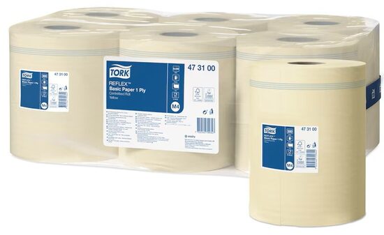 Roku papīra dvieļi ruļļos TORK REFLEX WIPING PAPER M4, 300m, 1 kārta, dzeltens, 6 gab. 473100