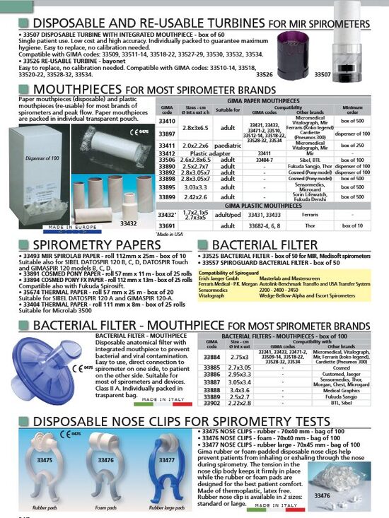 DISPOSABLE AND RE-USABLE TURBINES FOR MIR SPIROMETERS. MOUTHPIECES FOR MOST SPIROMETER BRANDS. SPIROMETRY PAPERS. BACTERIAL FILTER. BACTERIAL FILTER - MOUTHPIECE FOR MOST SPIROMETER BRANDS. DISPOSABLE NOSE CLIPS FOR SPIROMETRY TESTS