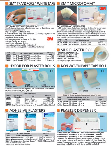 3M™ TRANSPORE™ WHITE TAPE, 3M™ MICROFOAM™, SILK PLASTER ROLL, HYPOR POR PLASTER ROLLS, NON WOVEN PAPER TAPE ROLL, ADHESIVE PLASTERS, PLASTER DISPENSER. Cenas un pieejamība pēc pieprasījuma