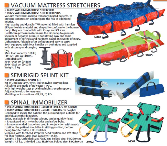 VACUUM MATTRESS STRETCHERS, SEMIRIGID SPLINT KIT, SPINAL IMMOBILIZER. Cenas un pieejamība pēc pieprasījuma