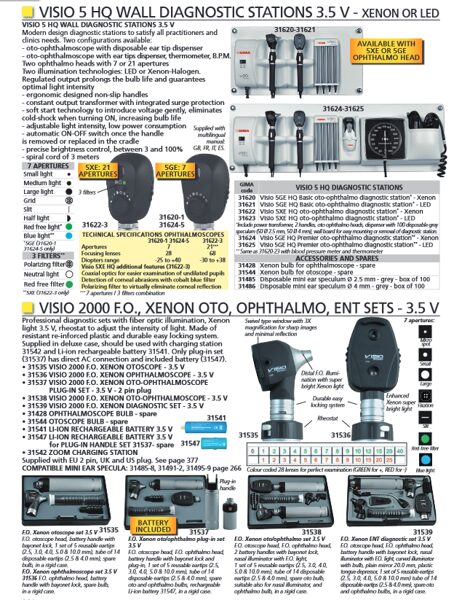 VISIO 5 HQ WALL DIAGNOSTIC STATIONS 3.5 V - XENON OR LED, VISIO 2000 F.O., XENON OTO, OPHTHALMO, ENT SETS - 3.5 V. Cenas un pieejamība pēc pieprasījuma