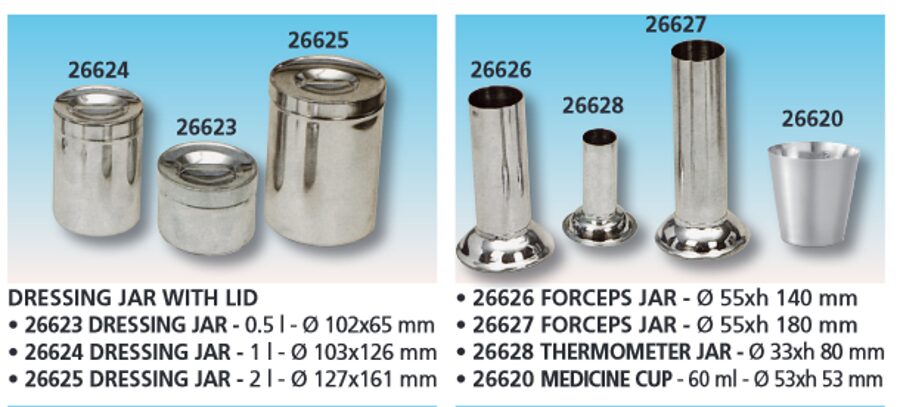 DRESSING JAR, ORCEPS JAR, THERMOMETER JAR, MEDICINE CUP. Cenas un pieejamība pēc pieprasījuma