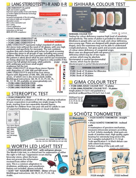 SCHIÖTZ TONOMETER, LANG STEREOTEST® I-R AND II-R, ISHIHARA COLOUR TEST, GIMA COLOUR TEST, STEREOPTIC TEST, WORTH LED LIGHT TEST. Cenas un pieejamība pēc pieprasījuma