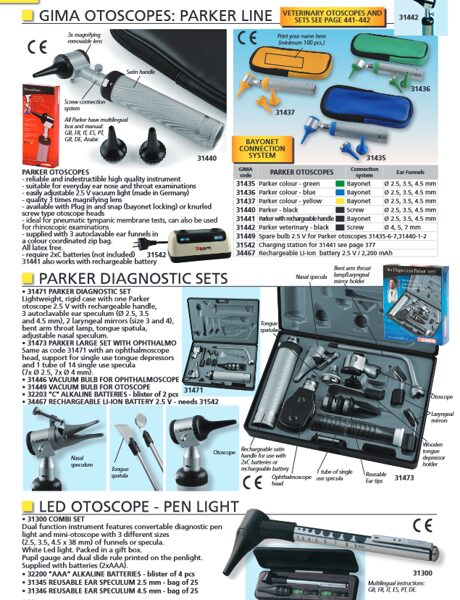 GIMA OTOSCOPES: PARKER LINE, PARKER DIAGNOSTIC SETS, LED OTOSCOPE - PEN LIGHT. Cenas un pieejamība pēc pieprasījuma