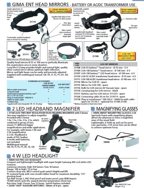 GIMA ENT HEAD MIRRORS - BATTERY OR AC/DC TRANSFORMER USE. 2 LED HEADBAND MAGNIFIER. MAGNIFYING GLASSES. 4 W LED HEADLIGHT. Cenas un pieejamība pēc pieprasījuma 