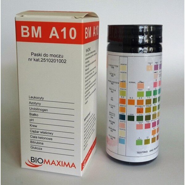 Testa strēmeles / urīna stripi / teststrēmeles BIOMAXIMA BM A10 (Nitrite, Leukocytes, Urobilinogen, Protein, pH, Blood, Specific Gravity, Ketoni, Bilirubin, Glucose), 100 gab.