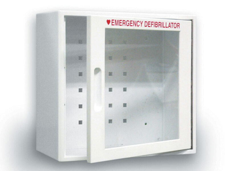 Defibrilatoru skapis ar skaņas signalizāciju. Izmērs: 340x335x180 mm. Paredzēts I-PAD un SP1