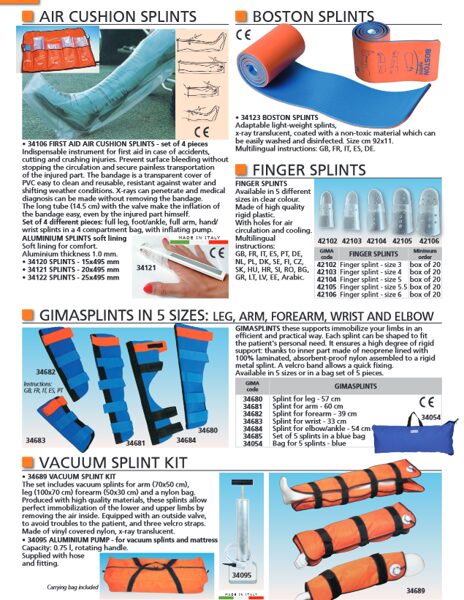 AIR CUSHION SPLINTS, BOSTON SPLINTS, FINGER SPLINTS, GIMASPLINTS IN 5 SIZES: LEG, ARM, FOREARM, WRIST AND ELBOW, VACUUM SPLINT KIT. Cenas un pieejamība pēc pieprasījuma