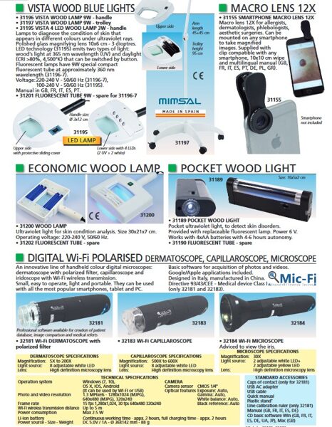 VISTA WOOD BLUE LIGHTS, MACRO LENS 12X, ECONOMIC WOOD LAMP, POCKET WOOD LIGHT, DIGITAL Wi-Fi POLARISED DERMATOSCOPE, CAPILLAROSCOPE, MICROSCOPE