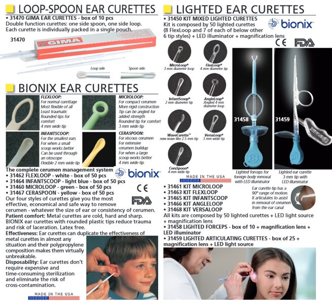 LOOP-SPOON EAR CURETTES, LIGHTED EAR CURETTES, BIONIX EAR CURETTES. Cenas un pieejamība pēc pieprasījuma