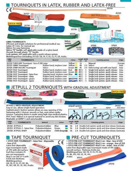 TOURNIQUETS IN LATEX, RUBBER AND LATEX-FREE. JETPULL 2 TOURNIQUETS WITH GRADUAL ADJUSTMENT. TAPE TOURNIQUET. PRE-CUT TOURNIQUETS. Cenas un pieejamība pēc pieprasījuma